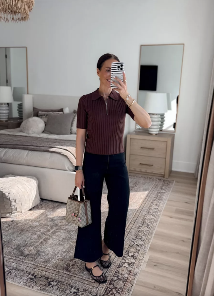Burgundy ribbed knit polo top styled with cropped black wide-leg pants, black mesh flats, and a Gucci tote bag, modern women’s workwear look.